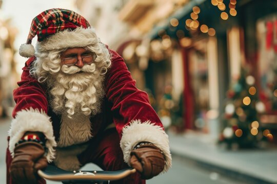 Santa Claus dressed in his iconic red and white suit, riding a bike. This image can be used to depict Santa Claus in a non-traditional way, showcasing his fun and adventurous side