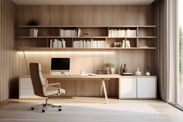 Obraz na płótnie Canvas A minimalist home office with a sleek desk, a comfortable chair, and concealed storage solutions, promoting a productive and clutter-free workspace.