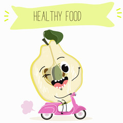 Quince fruit cute funny cheerful characters with different poses and activities. Natural vitamin antioxidant detox food collection. Flat vector illustration, funny fruits. Organic food.