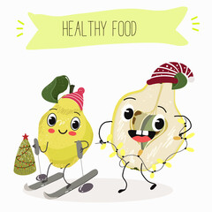 Quince fruit cute funny cheerful characters with different poses and activities. Natural vitamin antioxidant detox food collection. Flat vector illustration, funny fruits. Organic food.