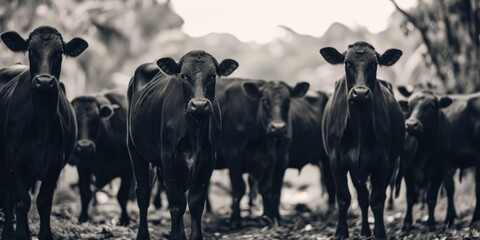 A herd of cows standing in close proximity. Suitable for agricultural themes and rural landscapes - obrazy, fototapety, plakaty