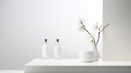 Fototapeta na wymiar Mockup bottles on a clean white background. White flowers in a vase. Minimalism