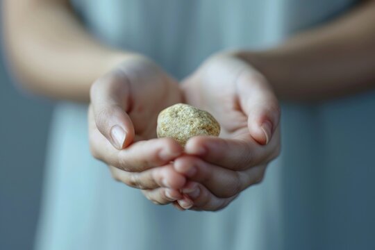 A person holding a rock in their hands. This versatile image can be used to depict strength, determination, or as a symbol of nature