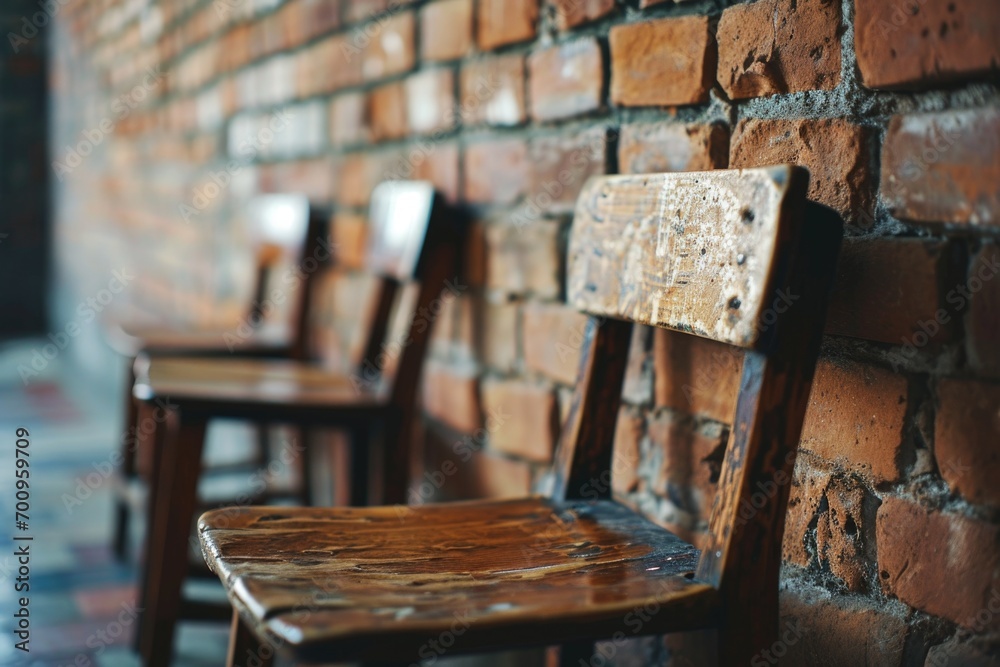 Aufkleber a row of wooden chairs placed against a brick wall. ideal for adding a rustic touch to any space