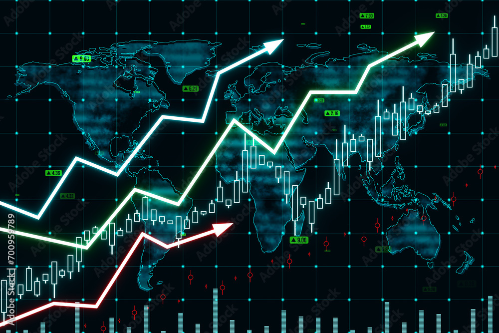 Poster growing upward arrows, map and forex chart on dark background. global trends, trading and finance co