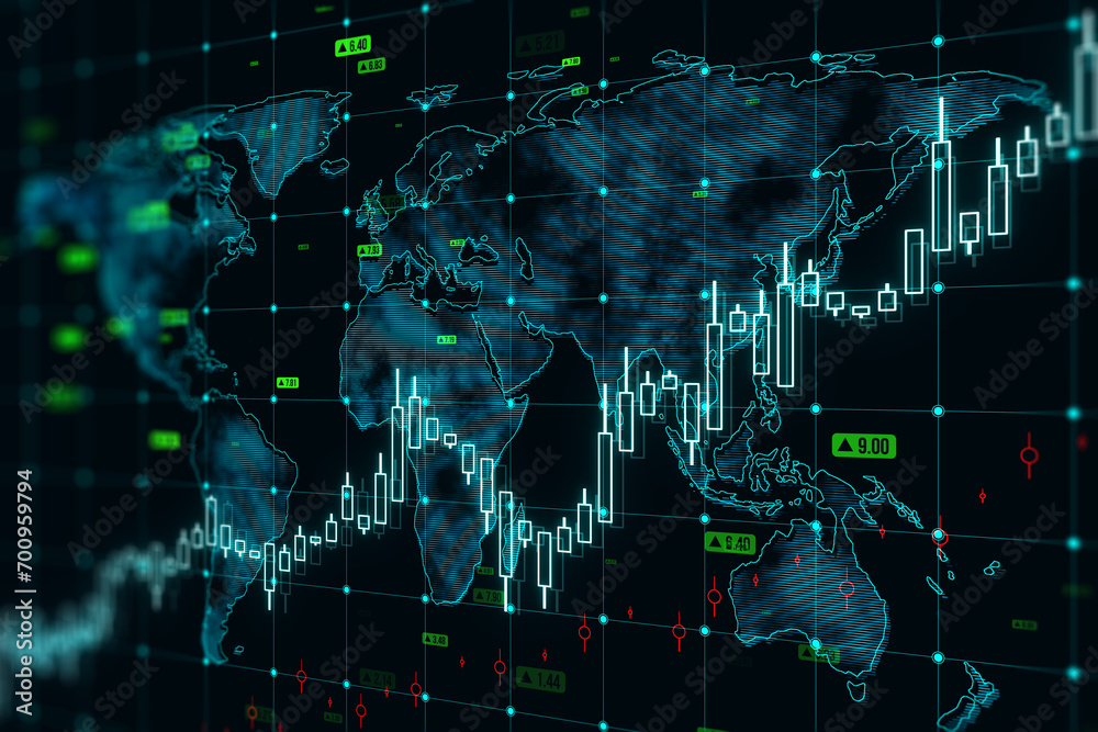 Aufkleber Abstract map and forex chart on dark texture. Global trends, trading and finance concept. 3D Rendering.