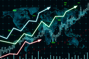 Growing upward arrows, map and forex chart on dark background. Global trends, trading and finance concept. 3D Rendering.