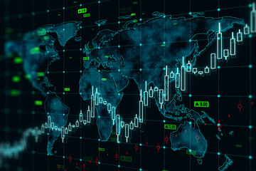 Abstract map and forex chart on dark texture. Global trends, trading and finance concept. 3D...
