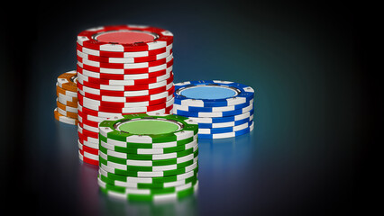 Casino chips on reflective dark background. 3D illustration