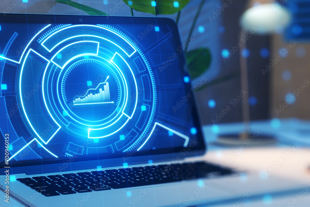 Poster close up of laptop computer with glowing business chart hologram on blurry background. financial pla