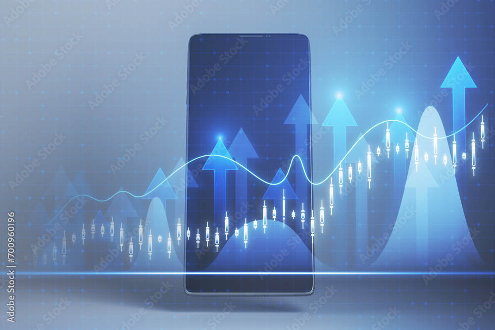 Aufkleber close up of smartphone with growing forex chart with bright upward arrow on blurry pixel background.