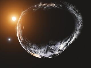 Black holes destroy planet Earth somewhere in deep space. 3D render illustration. Elements of this image were furnished by NASA