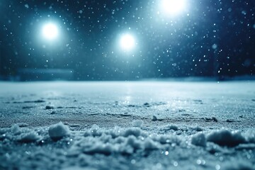 Snow covered ground with lights in the background. Ideal for winter and holiday-themed designs