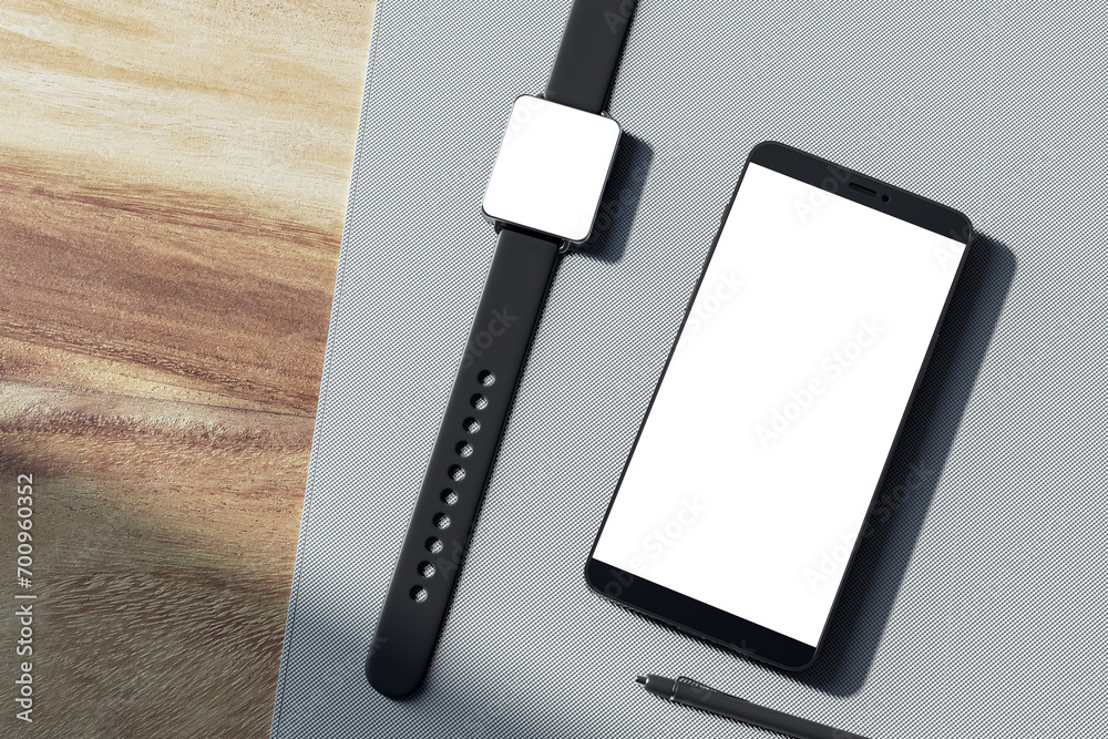Poster top view of empty white smartphone screen, digital watch, pen and glasses on wooden tablet. devices 