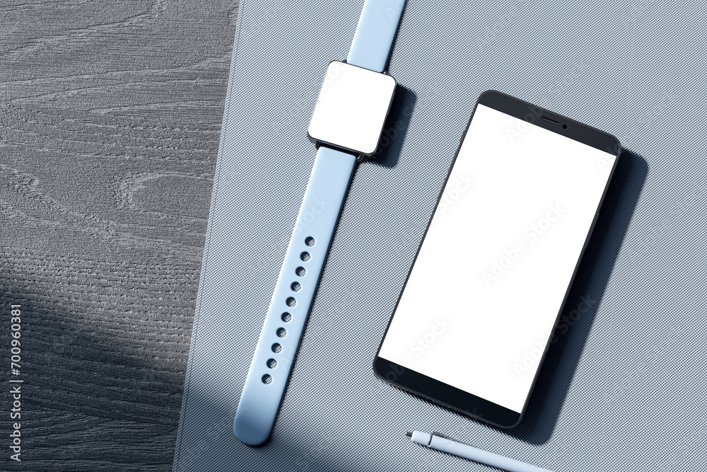 Poster top view of empty white mobile phone screen, digital watch, pen and glasses on gray wooden tablet. d