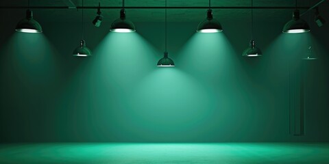 A picture of a dark room with green lights illuminating the space and a green floor. This image can be used to create a mysterious or futuristic atmosphere