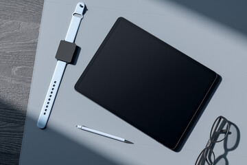 Top view of empty tablet screen, digital watch, pen and glasses on gray wooden tablet. Devices at...