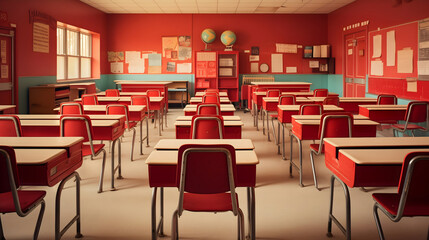 Empty classroom with red chairs and wooden tables. Sunlight coming through the window, globe models placed on a shelf, walls full of drawings and writings. School building indoors, kids education room