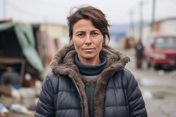 Portrait of middle-aged woman in winter jacket at the market