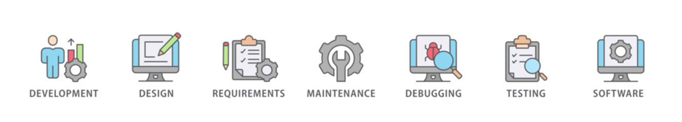 Agile banner web icon vector illustration concept with icon of development, design, requirements, maintenance, debugging, testing and software