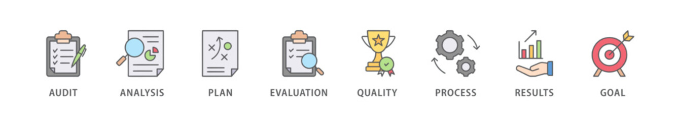 Assessment banner web icon vector illustration concept  accreditation and evaluation method on business and education with audit, analysis, plan, evaluation, quality,process,results and goal icon