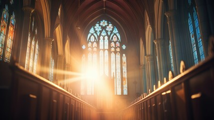 Sun rays through the stained glass windows of the church. - Powered by Adobe
