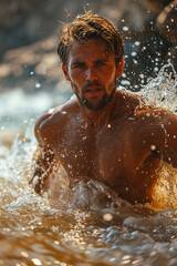 Fluid Mastery: Portrait of Attractive, Muscular Man Showcasing Aquatic Prowess