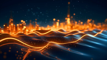 Fototapeta na wymiar Abstract orange and blue digital wave futuristic background, flow motion illustration, wavy or curved smooth dynamic mesh texture. Music equalizer with dots, neon colors glowing in the dark