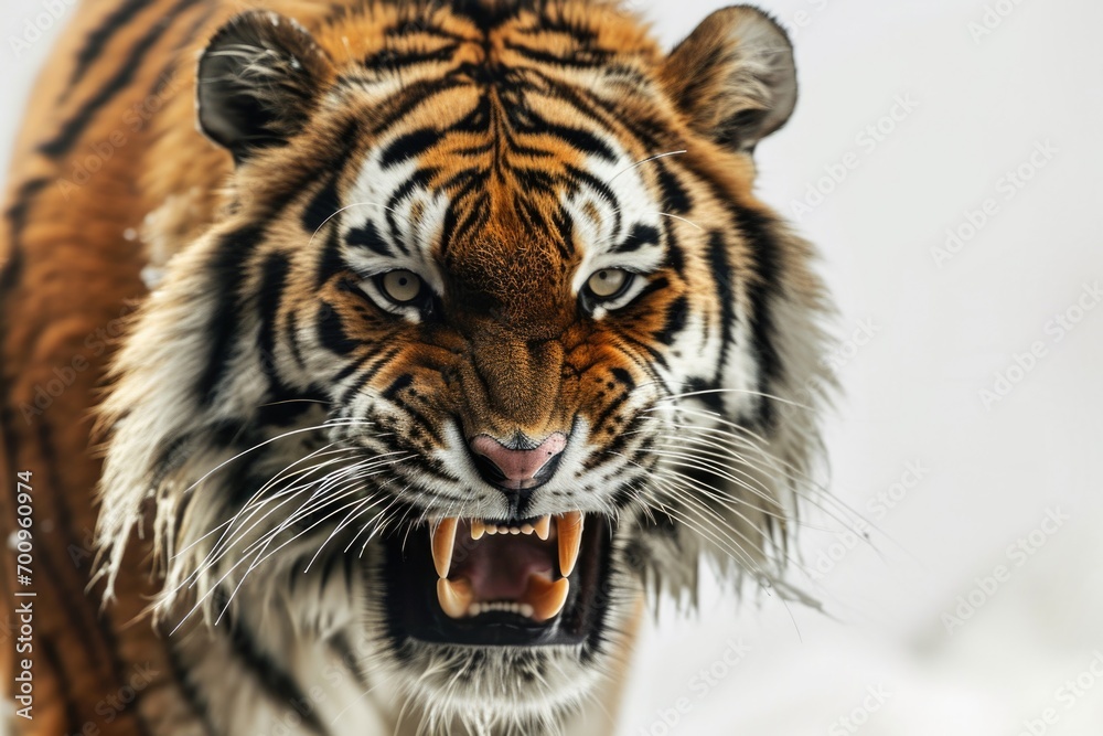 Aufkleber A close-up view of a tiger with its mouth wide open. This powerful image captures the intense expression of the tiger as it reveals its sharp teeth.
