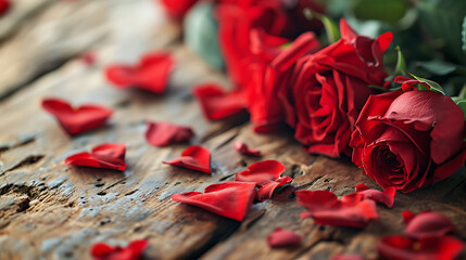 bouquet of red roses on wooden table - candles and rose petals - Love and valentine