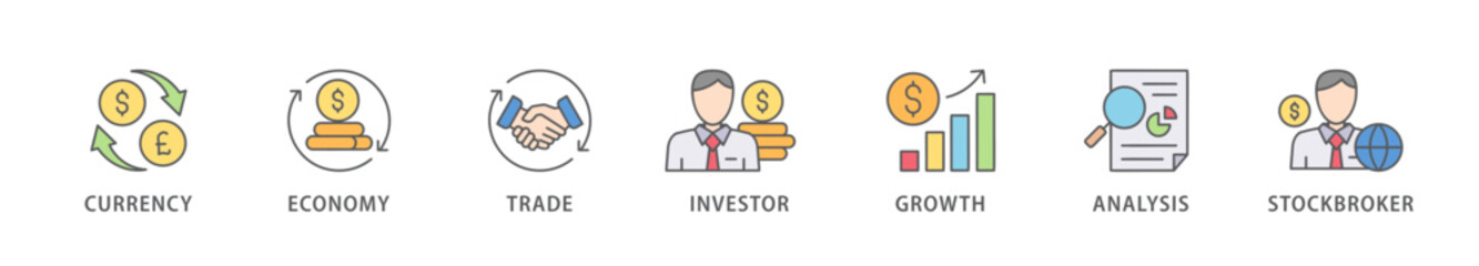 Forex banner web icon vector illustration concept with icon of currency, economy, trade, investor, growth, analysis and stockbroker