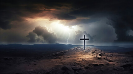 Obraz premium Light and ray of light shining through the sky and clouds on the hill of Golgotha. Holy cross background symbolizing the death and resurrection of Jesus. Easter.