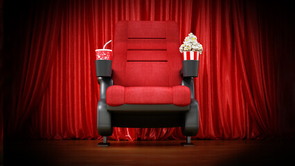 Cinema chair standing on stage in front of thr curtain. 3D illustration