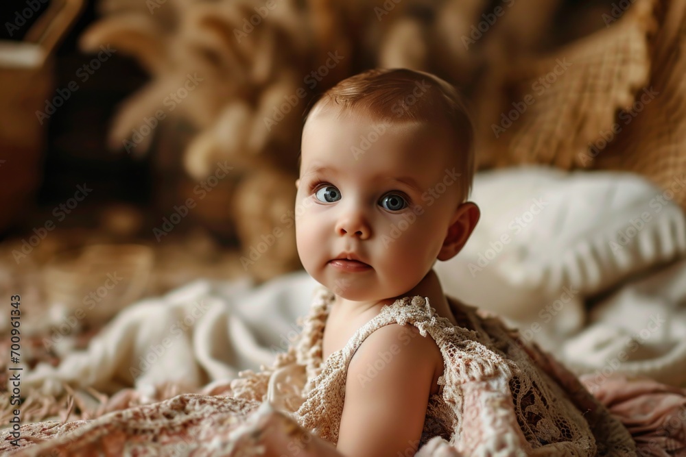 Poster a baby sitting on top of a bed covered in a blanket. this image can be used to depict a peaceful and
