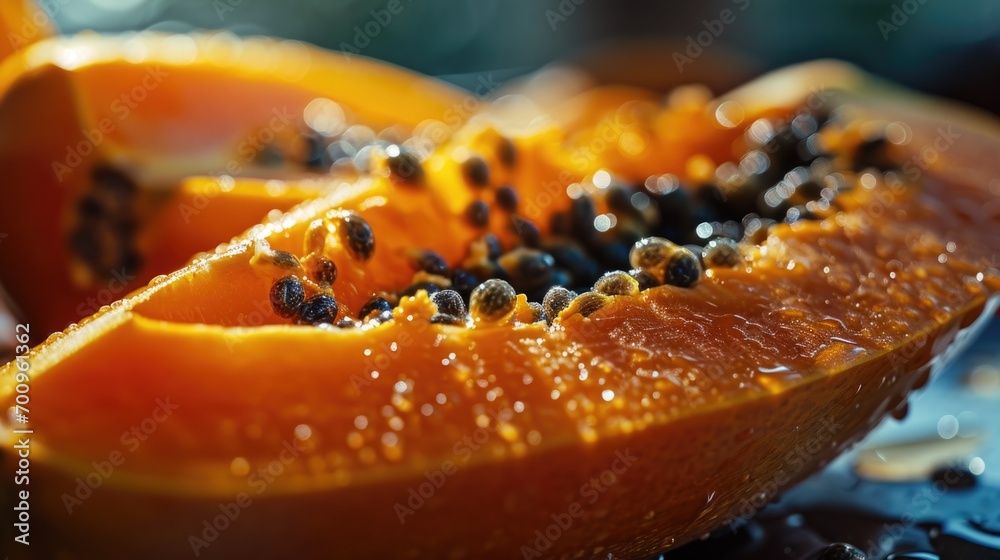 Poster a close-up view of a papaya cut in half. this image can be used to showcase the vibrant colors and t