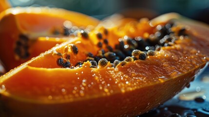 A close-up view of a papaya cut in half. This image can be used to showcase the vibrant colors and texture of a papaya fruit. - obrazy, fototapety, plakaty