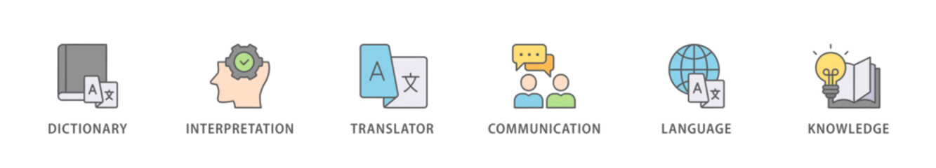 Fototapeta premium Translation banner web icon vector illustration concept with icon of dictionary, interpretation, translator, communication, language, and knowledge