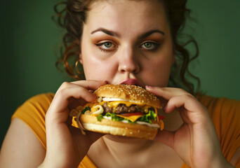 Very fat girl eats junk food, hamburger fries fast food overweight