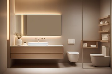 A minimalist washroom with a wall-mounted toilet, a floating shelf for toiletries, and a neutral color palette, creating a serene and uncluttered space.
