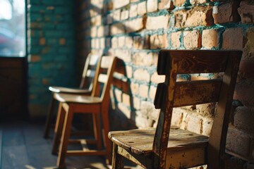 Fototapeta na wymiar Three wooden chairs sitting next to a brick wall. Suitable for interior design or outdoor seating arrangements