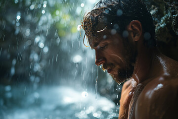 Young attractive and muscular man under a tropical waterfall