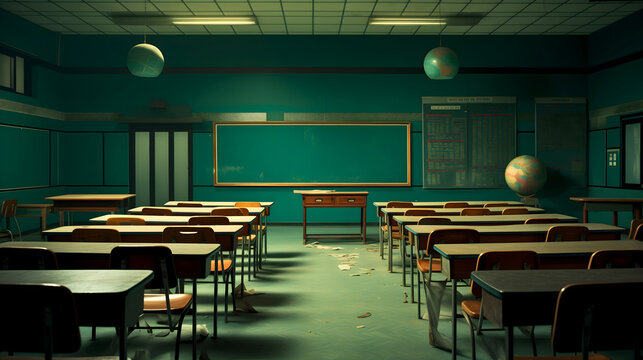 Dark, dirty, empty classroom with wooden chairs and tables, and green walls. Globe model placed on a desk. Papers on the floor, school building indoors, kids education room, chalkboard in the middle