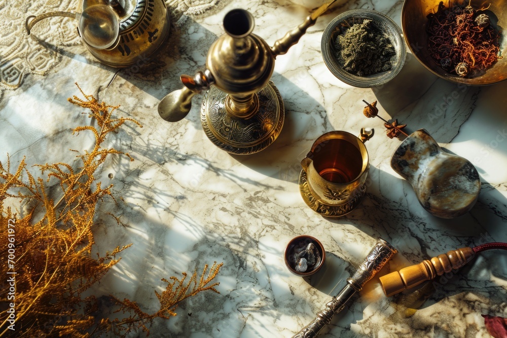 Poster A table displaying a variety of bowls filled with different types of spices. This image can be used to illustrate culinary concepts or to enhance food-related content