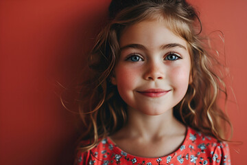 A little five-year-old girl with curly hair and blue eyes smiles against a red wall generated AI