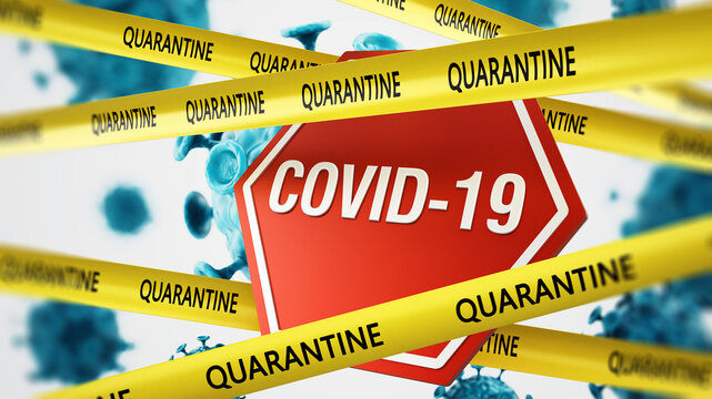 Covid-19 signboard among yellow tapes with quarantine word and viruses. 3D illustration