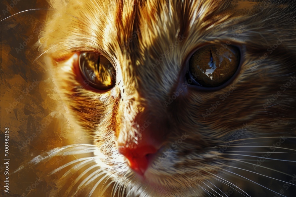 Poster A close up view of a cat's face with a blurred background. Suitable for various uses