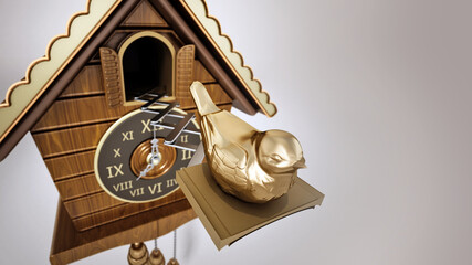 Vintage cuckoo clock with the golden bird chirping. 3D illustration - obrazy, fototapety, plakaty