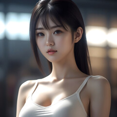 Beautiful anime style girl, 3d render, wearing a tight white tank top. ai generative