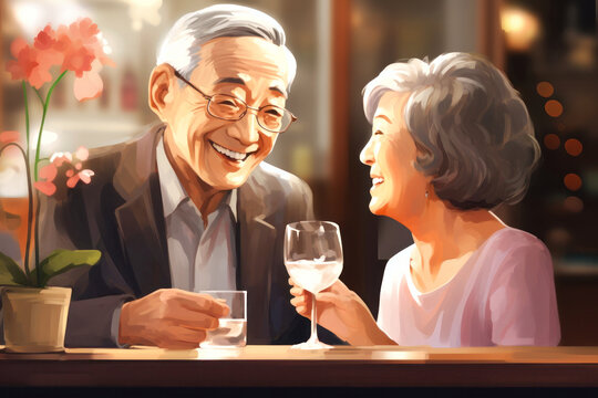 The concept of an active social lifestyle for older people. An elderly Asian couple drinks alcoholic drinks in a bar or restaurant. Lovers enjoying happy hour at the bar.