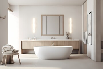 Fototapeta na wymiar A modern classic minimalist bathroom featuring a freestanding bathtub, a minimalist vanity, and a large mirror, creating a luxurious and timeless space.
